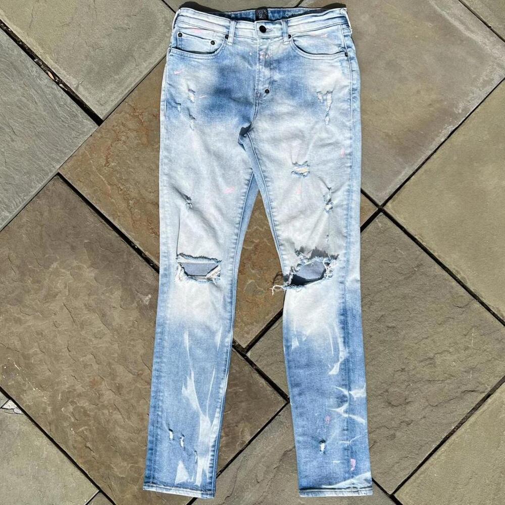 Distressed Pink Paint Splatter Ripped Light Wash Slim Jeans